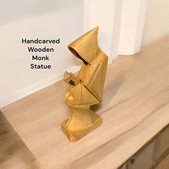 Handcarved Wooden Monk Statue - Natural Wood Finish - Picture 2 of 8